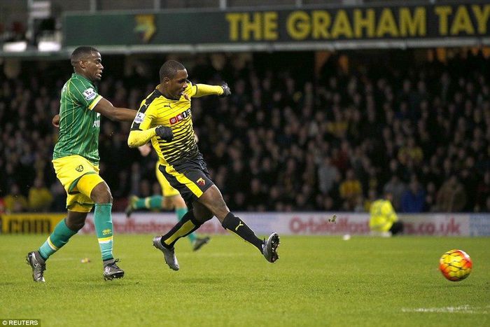 Odion Ighalo scores for Watford against Norwich.