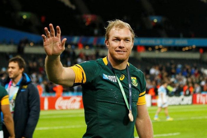 South Africa's Schalk Burger celebrates after receiving his bronze medal Action Images via Reuters / Andrew Boyers Livepic
