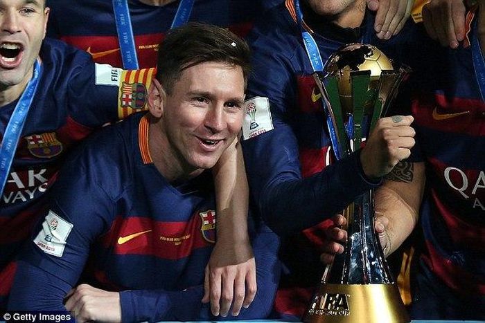 Lionel Messi celebrating Barcelona's World Club Cup win