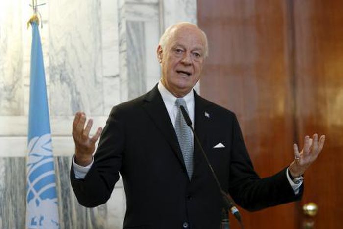 United Nations special envoy for Syria Staffan de Mistura talks during a joint news conference with Italian Foreign Minister Paolo Gentiloni in Rome, Italy December 7, 2015.