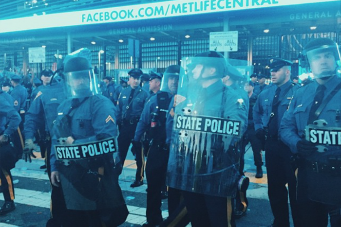 Images also showed police in riot gear using large military-style vehicles to try to disperse the crowds.