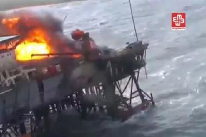 A still image from a video footage shows an oil platform on fire in the Caspian Sea, Azerbaijan, December 5, 2015.