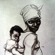 Drawing of a mother with her child on her back