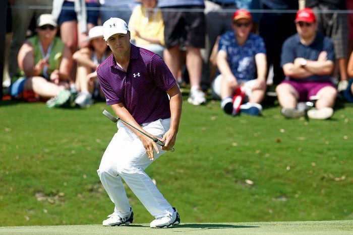 Jordan Spieth of the United States reacts to a missed putt on the 12th green during the final round of the Australian Open Golf tournament in Sydney, Australia, November 29, 2015.  REUTERS/Steve Christo