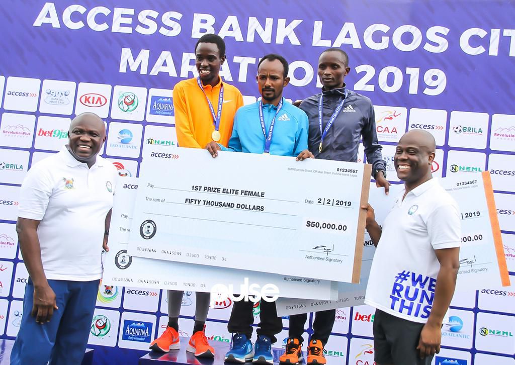 Governor Akinwumi Ambode, Group Managing Director of Access Bank Herbert Wigwe, Sintayehu Legese of Ethiopia (m) is the winner while Kenyan duo, Joshua Kipkorir ($40,000) and William Yegon finished second ($40,000) and third ($30,000) respectively in t...