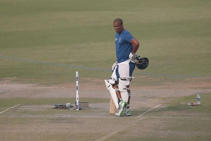 South Africa's Vernon Philander inspects the pitch during a practice session ahead of their first test cricket match against India, in Mohali, India, in this November 4, 2015 file photo. REUTERS/Adnan Abidi