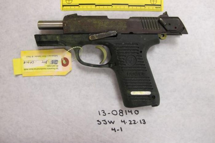 A photo entered as evidence shows a Ruger semi-automatic handgun in the trial of Boston Marathon bombing suspect Dzhokhar Tsarnaev in this handout photo provided by the U.S. Attorney's Office in Boston, Massachusetts on March 17, 2015.