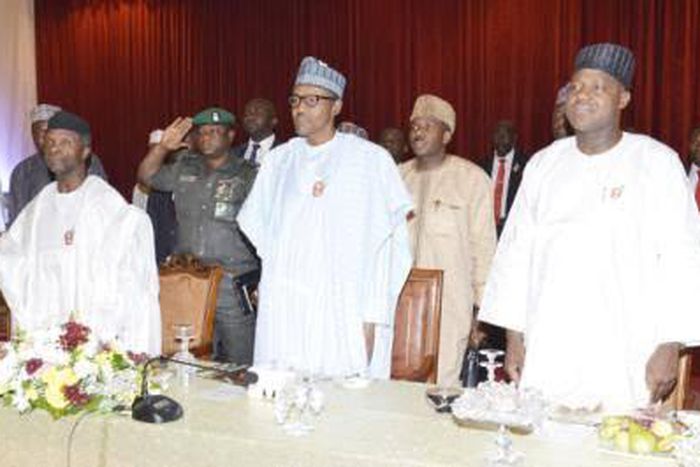 President Muhammadu Buhari meets with House of Reps members in Abuja on December 9, 2015