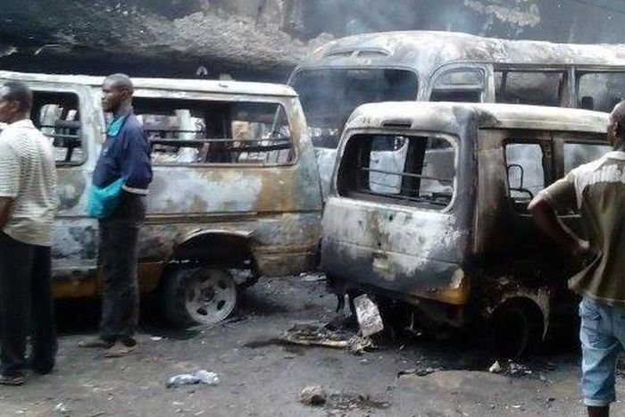 Burnt buses spotted under the Ojuelegba bridge, Surulere, Lagos