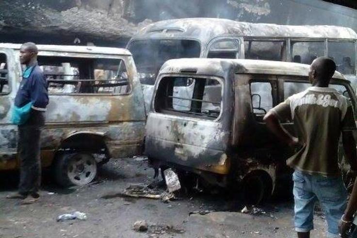 Burnt buses spotted under the Ojuelegba bridge, Surulere, Lagos