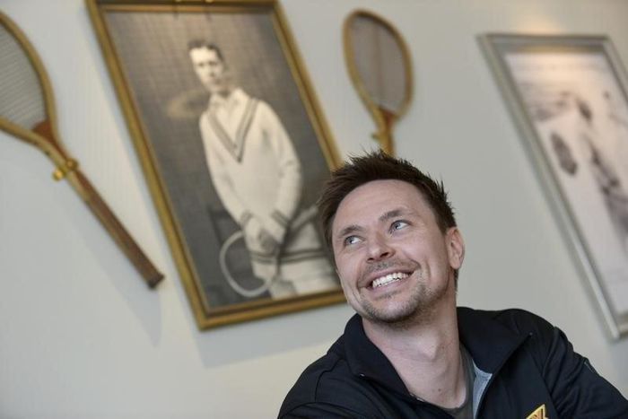 Robin Soderling smiles during a news conference at the Royal Tennis Hall in Stockholm May 21, 2012. REUTERS/Bertil Ericson/ Scanpix Sweden