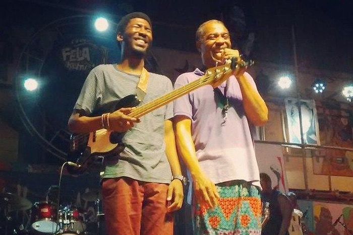 Omorinmade and dad, Femi Kuti on the stage at Afrikan Shrine