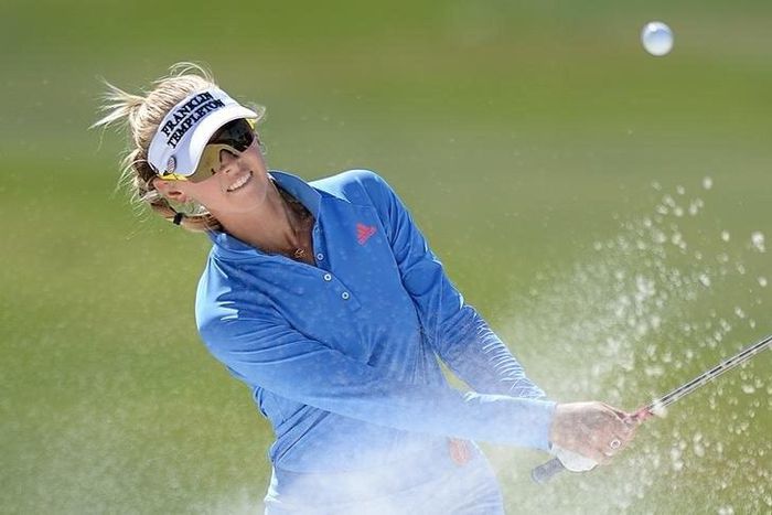 Jessica Korda plays out of a greenside bunker on the ninth hole during the first round in a file photo. Jake Roth-USA TODAY