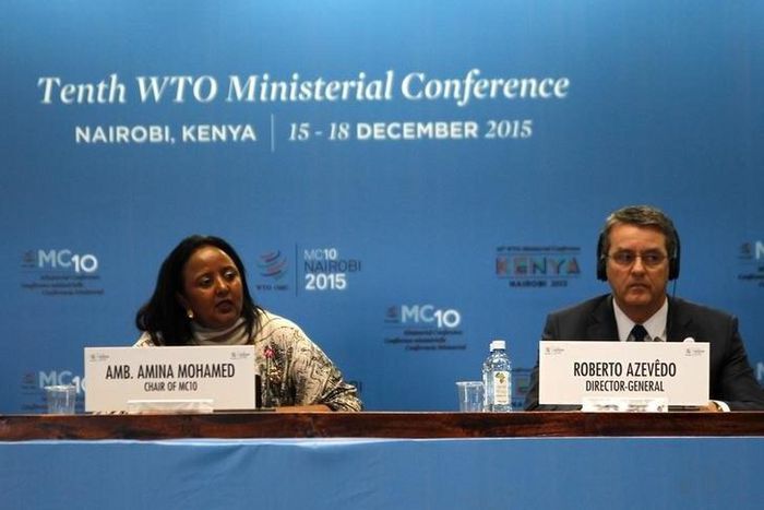The Kenyan Foreign Affairs Cabinet Secretary Amina Mohamed (L) and the Director General of the World Trade Organization (WTO) Roberto Azevedo attend the opening of the World Trade Organization (WTO) Summit in Nairobi, Kenya December 15, 2015. REUTERS/N...