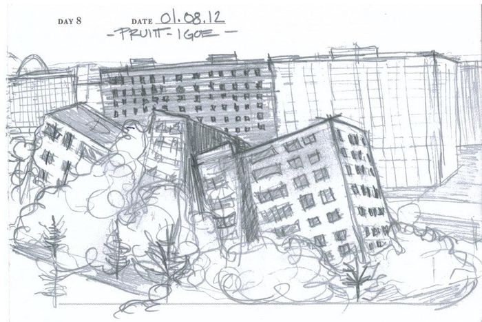 Sketch of collapsing building