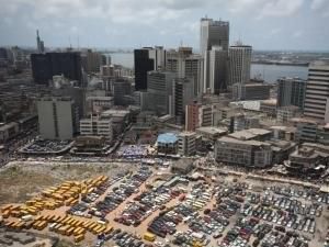 An aerial view shows the central business district in Nigeria's commercial capital of Lagos
