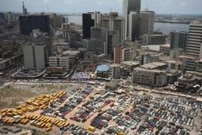 An aerial view shows the central business district in Nigeria's commercial capital of Lagos