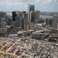 An aerial view shows the central business district in Nigeria's commercial capital of Lagos