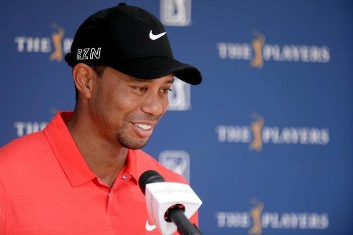 Tiger Woods is interviewed after completing the final round of The Players Championship at TPC Sawgrass - Stadium Course. Mandatory Credit: Jake Roth-USA TODAY Sports