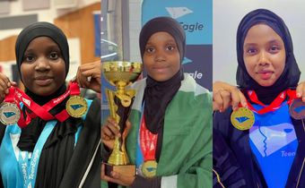Nafisa Abdullahi, Rukaiya Mohammed Fema, and Khadija Kashim Kalli, all global winners at the recent TeenEagle Global finals. [X, formerly Twitter]