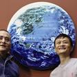 Zeng Fanzhi and Jack Ma strike a pose with their Earth painting which sold for $5.4 million at a Sotheby's auction