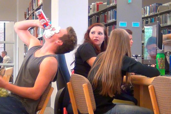 Eating loudly in the library prank