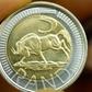 A five rand coin is displayed at the South African Mint in a file photo.