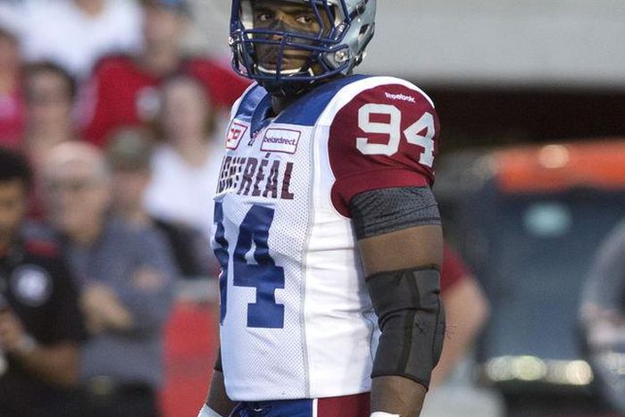 Montreal Alouettes' Michael Sam watches the play against the Ottawa Redblacks during first half CFL football action in Ottawa August 7, 2015. Sam, who last year became the first openly gay player drafted by a National Football League team, said on Frid...