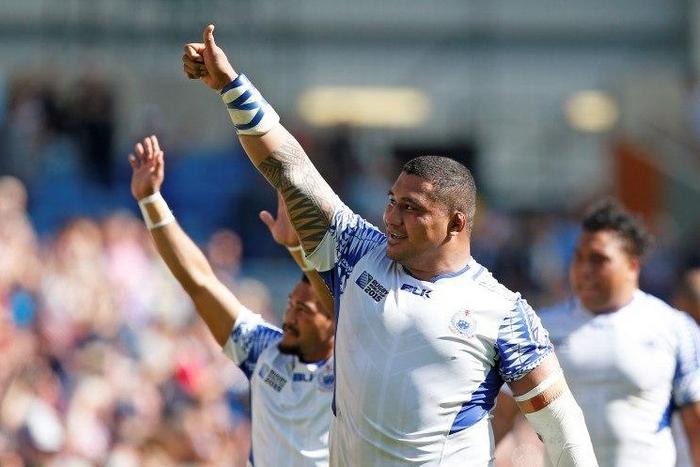 Rugby Union - Samoa v United States of America - IRB Rugby World Cup 2015 Pool B - Brighton Community Stadium, Brighton, England - 20/9/15
Samoa's Sakaria Taulafo (C) celebrates their victory at the end of the match
Action Images via Reuters / Peter Cz...
