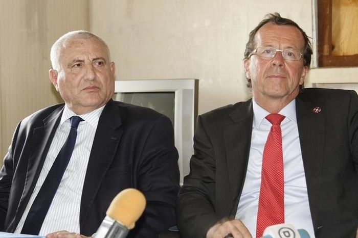 Special Representative for the United Nations Organization Stabilization Mission in the Democratic Republic of Congo (MONUSCO), Martin Kobler (R) and  Special Envoy of the UN Secretary-General for the Great Lakes Region Said Djinnit attend a meeting fo...