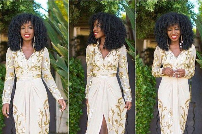 Folake Huntoon's cream and gold sequined thigh slit dress looks just perfect on her