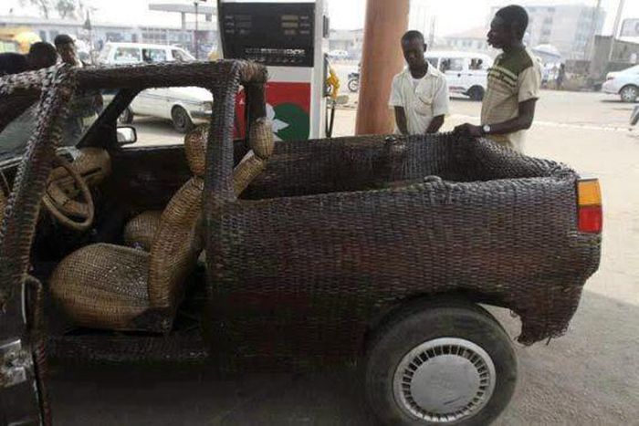 Photos of Mr Obaniyi's hand woven cane-wood car