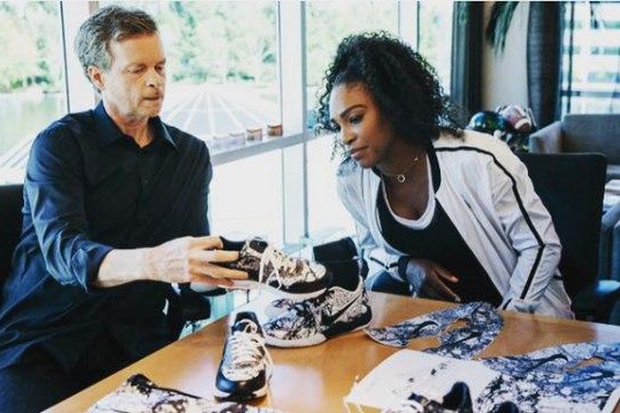 Tennis legend, Serena Williams, was pictured with Nike designer, Mark Parker, looking over some of the sneakers