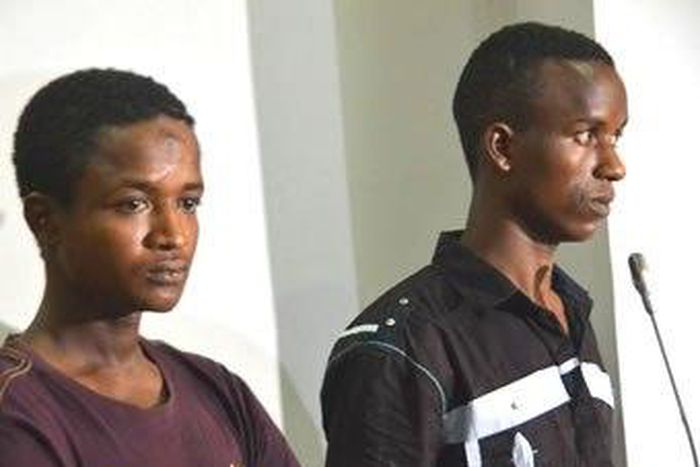 Chief Olu Falae abdutors, Abdullahi Usman aka Kadiri right and Babawuro kato, during the parade by DSS in Abuja on Monday.