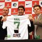 From left New York Cosmos head coach Gioavanni Savarese , player Raul Gonzalez and team chairman Seamus O'Brien pose for a photo with a jersey during a press conference at Four Seasons Hotel. Mandatory Credit: Noah K. Murray-USA TODAY Sports
