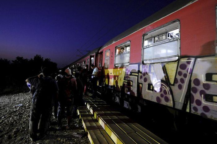 Migrants wait to get on a train after crossing into Macedonia, near the border with Greece, August 31, 2015. REUTERS/Ognen Teofilovski