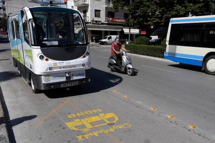 The French-made CityMobil2 driverless bus in Trikala, Greece