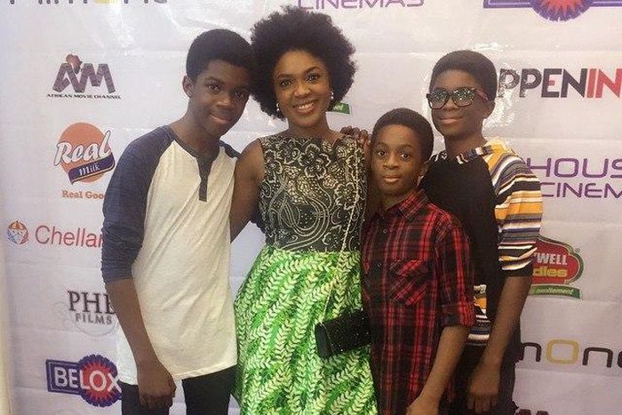 Omoni Oboli and sons at the Lagos premiere of 'Lunch Time Heroes'