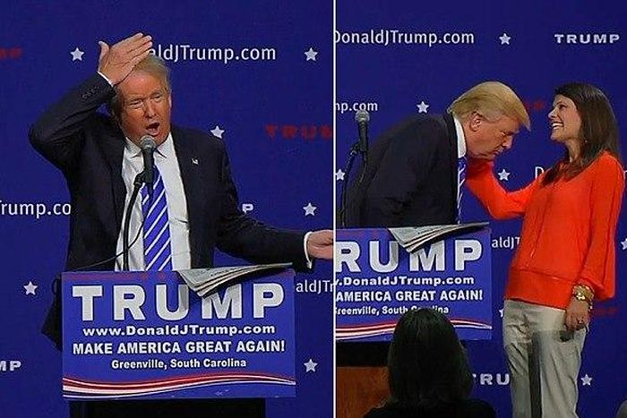 Mr Trump invited a woman from the audience to help him inspect his hair