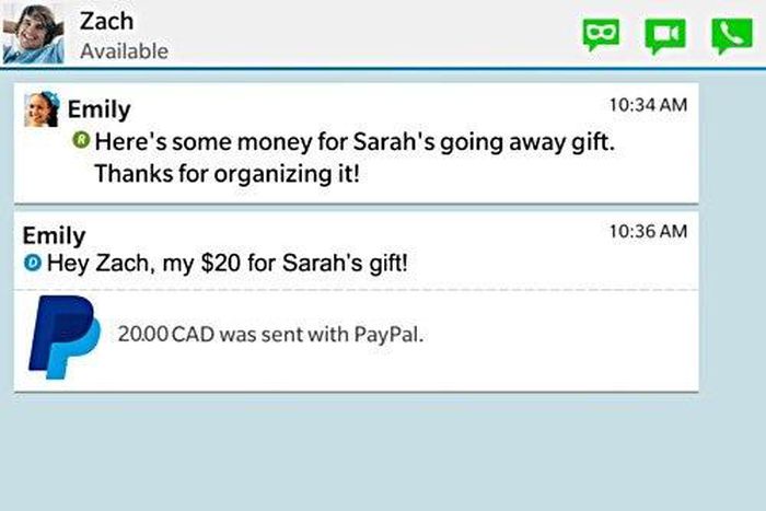 Screen grab of the new Paypal payment platform in use on BBM