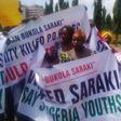 Supporters of Senate President, Bukola Saraki protest outside the National Assembly in Abuja on September 29, 2015