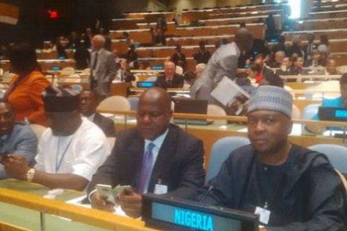 Senate President, Bukola Saraki and House of Representatives Speaker, Yakubu Dogara in New York for the United Nations (UN) Conference of Parliamentary Heads on August 31, 2015