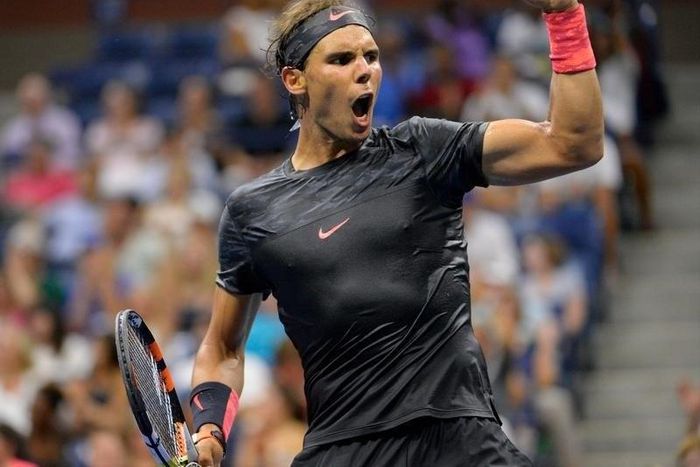 New York, NY, USA; Rafael Nadal of Spain after winning a point to set up match point against Borna Coric of Croatia on day one of the 2015 US Open tennis tournament at USTA Billie Jean King National Tennis Center. Mandatory Credit: Robert Deutsch-USA T...