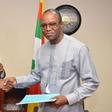 Dr. Emmanuel Ibe Kachikwu (R), the new managing director of the Nigerian National Petroleum Corp (NNPC), shakes hands with the former Group Managing Director of NNPC, Dr. Joseph Thlama Dawha during a handover ceremony in Abuja, Nigeria, in this August ...
