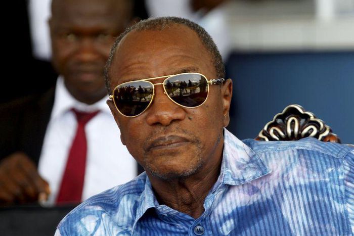 Guinea's outgoing president and presidential candidate Alpha Conde, leader of Rassemblement du Peuple de Guinea (RPG), attends the inauguration ceremony of the passenger harbor of Sandervalia in Conakry October 8, 2015. REUTERS/Luc Gnago