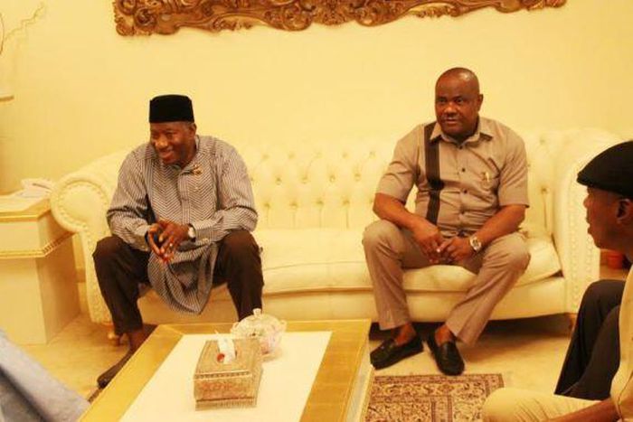 Former President, Goodluck Jonathan meets with Rivers State Governor, Nyesom Wike in Bayelsa on September 8, 2015.