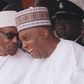 President Muhammadu Buhari shares a laugh with Senate President, Bukola Saraki on October 1, 2015 in Abuja