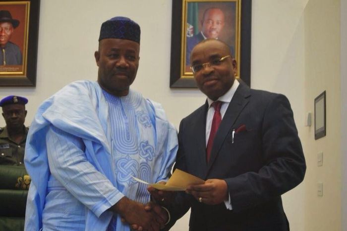 L-R: Fmr. Gov. of Akwa Ibom, Senator Godswill Akpabio; the Current Governor, Mr Udom Emmanuel
