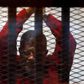 Deposed President Mohamed Mursi greets his lawyers and people from behind bars at a court wearing the red uniform of a prisoner sentenced to death, during his court appearance with Muslim Brotherhood members on the outskirts of Cairo, Egypt, June 21, 2...