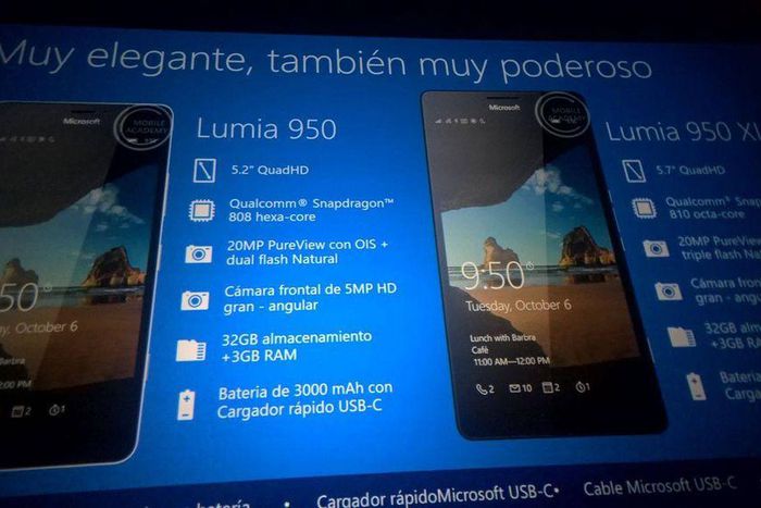 Leaked presentation showing the Lumia 950 and 950 XL smartphones and their specs
